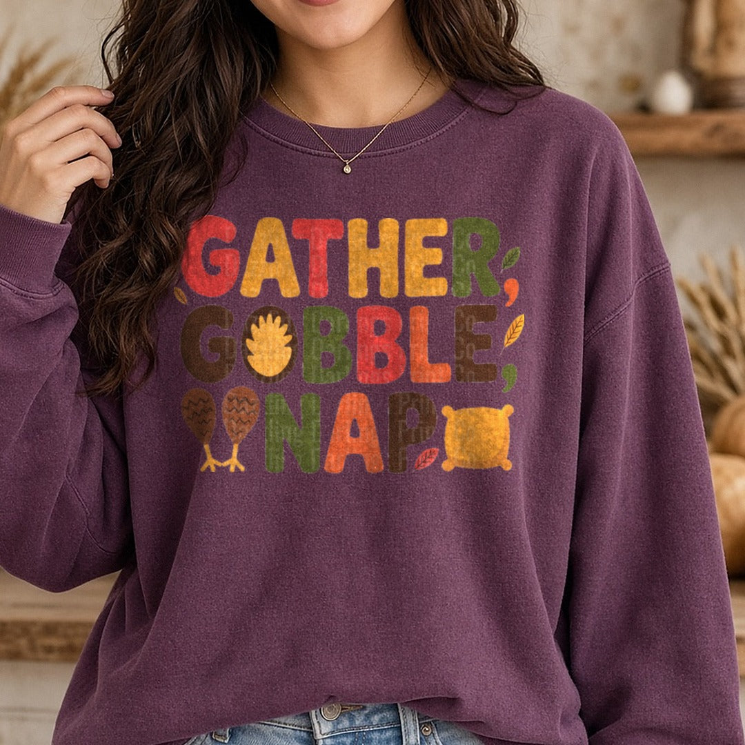 Gather Gobble Nap DTF transfer shown on a Comfort Colors sweatshirt