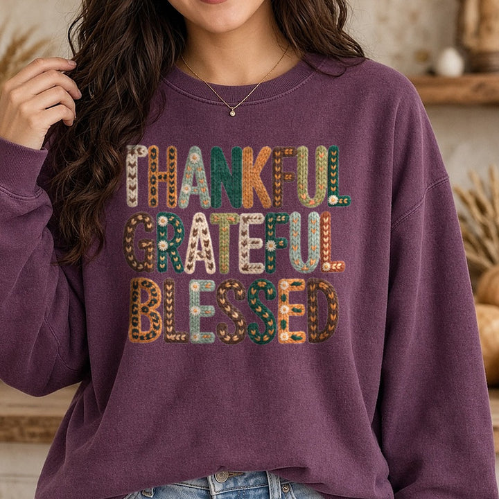 Thankful Grateful Blessed DTF transfer shown on a Comfort Colors sweatshirt