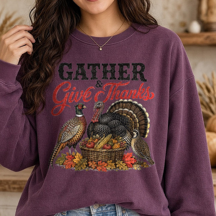 Gather & Give Thanks Turkey Pheasants Harvest Basket DTF transfer shown on a Comfort Colors sweatshirt