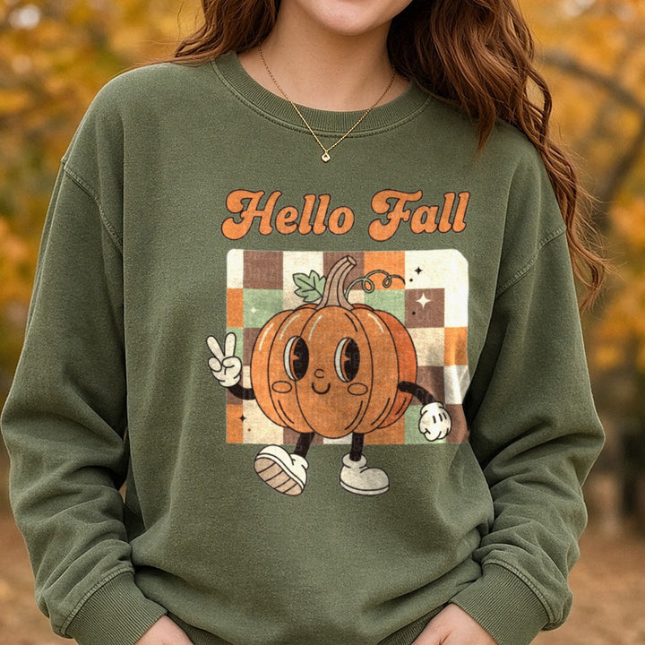 Checkered Pumpkin Hello Fall DTF transfer shown on a Comfort Colors sweatshirt