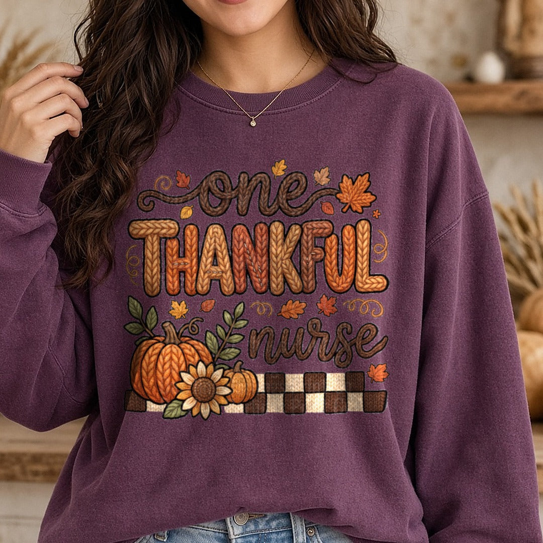 One Thankful Nurse DTF transfer shown on a Comfort Colors sweatshirt