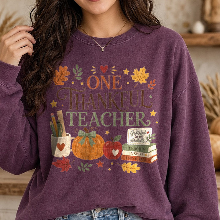One Thankful Teacher DTF transfer shown on a Comfort Colors sweatshirt