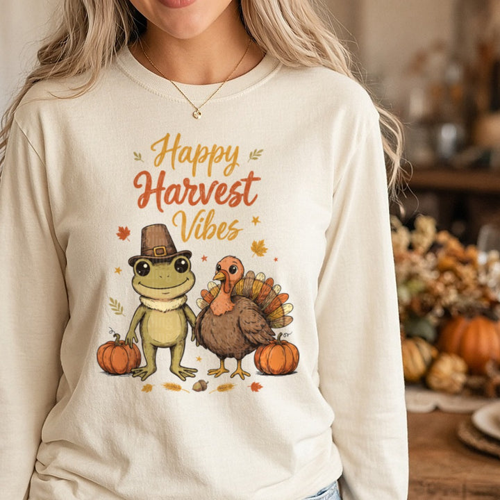 Happy Harvest Vibes Thanksgiving DTF transfer shown on a Comfort Colors long sleeve tee
