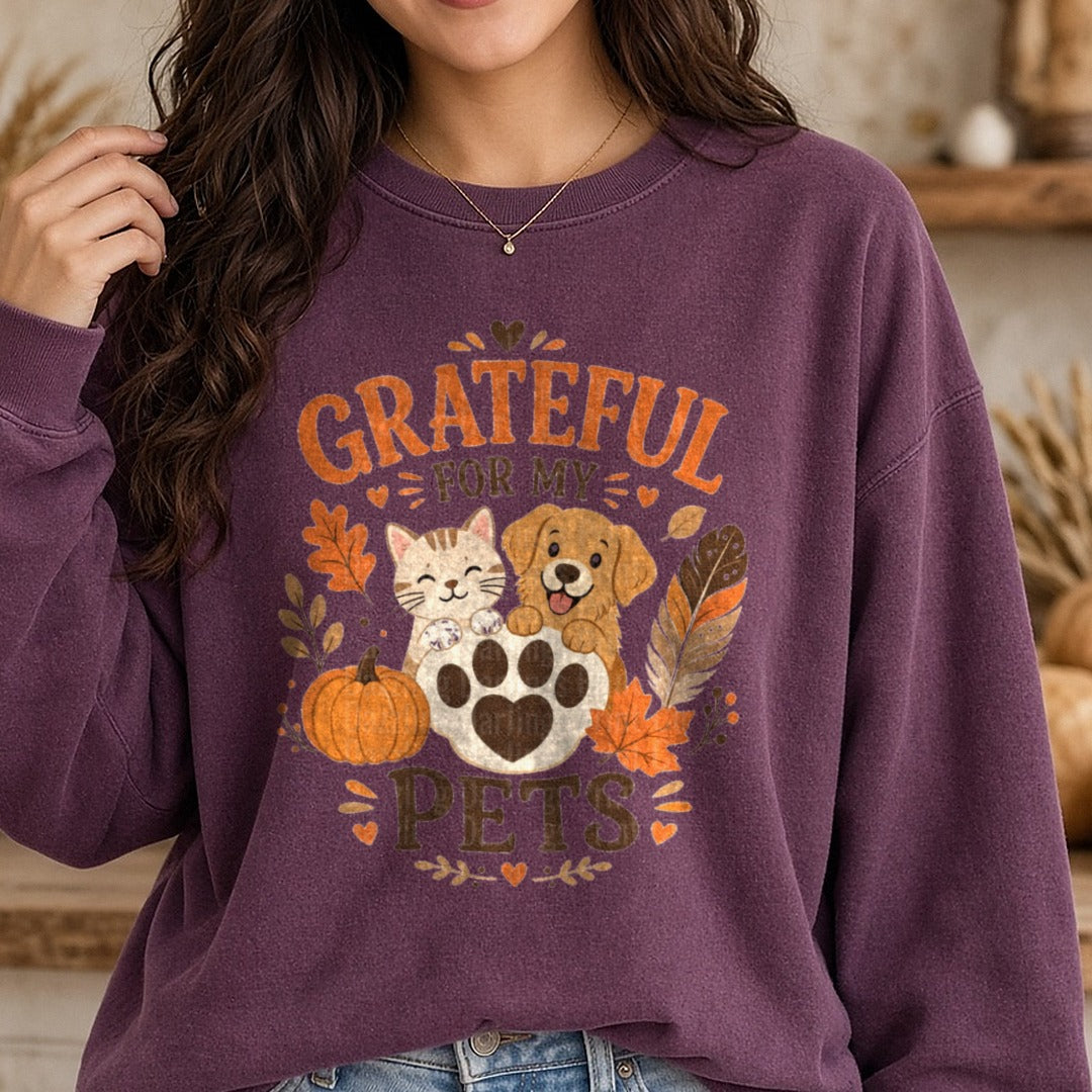 Grateful For My Pets DTF transfer shown on a Comfort Colors sweatshirt