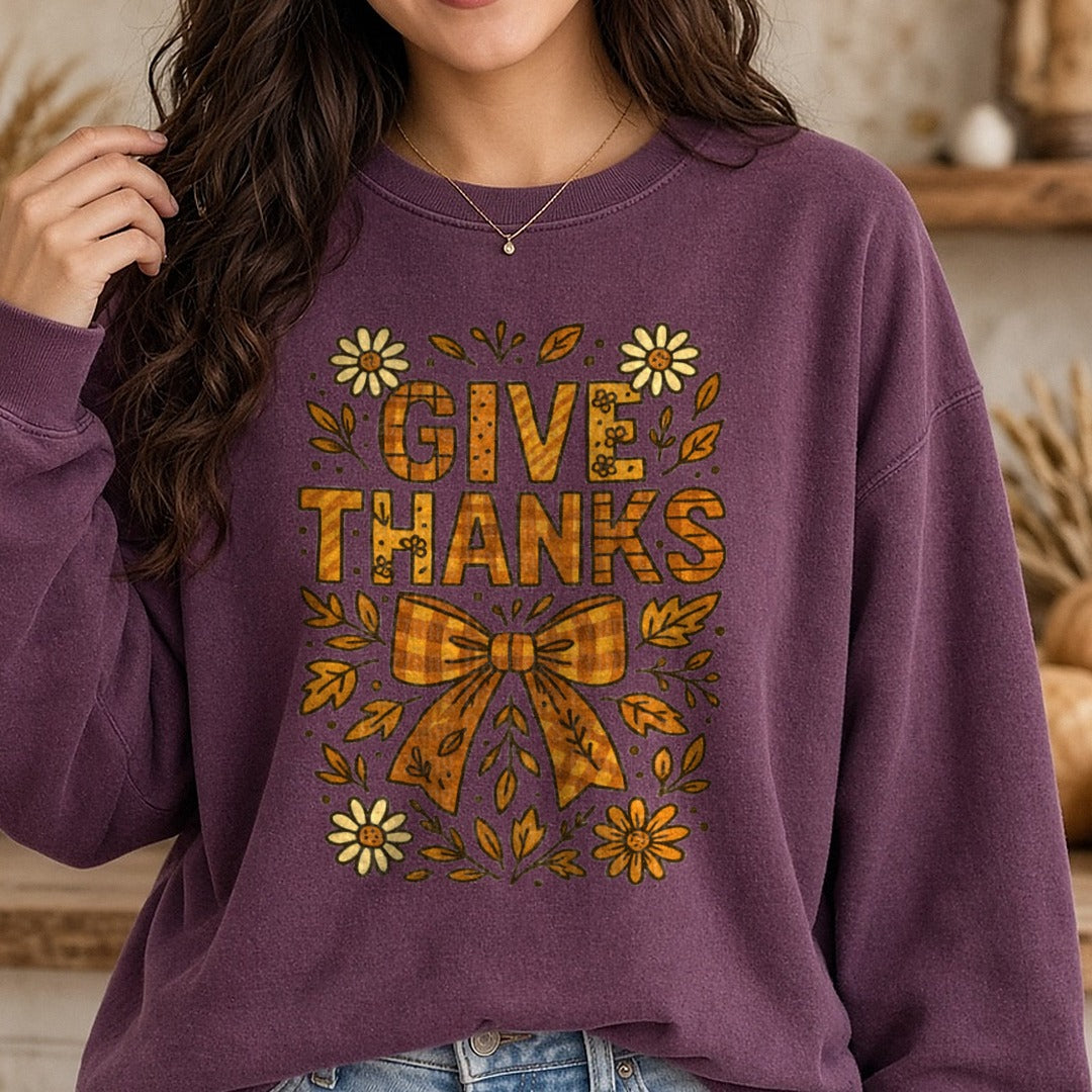 Give thankful coquette DTF transfer shown on a Comfort Colors sweatshirt