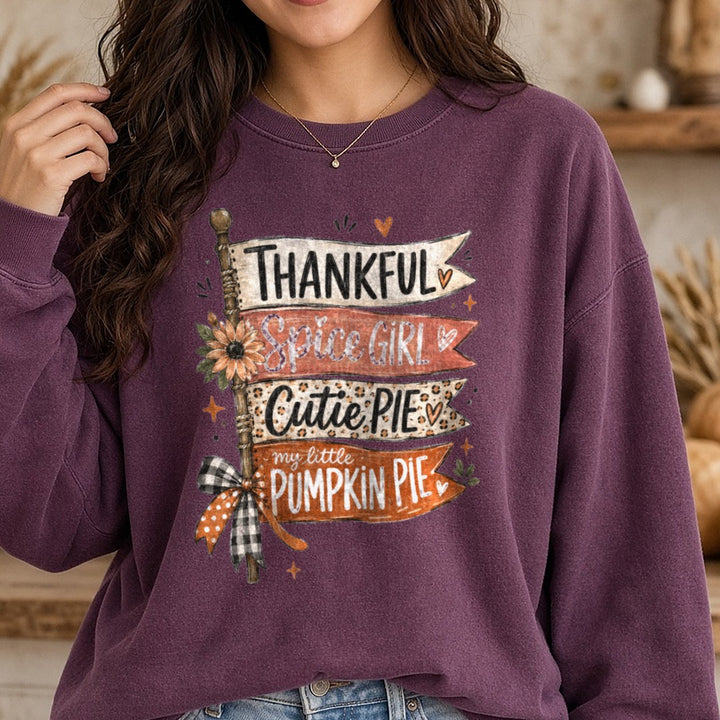 Thankful Spice Girl Cutie Pie DTF transfer shown on a Comfort Colors sweatshirt