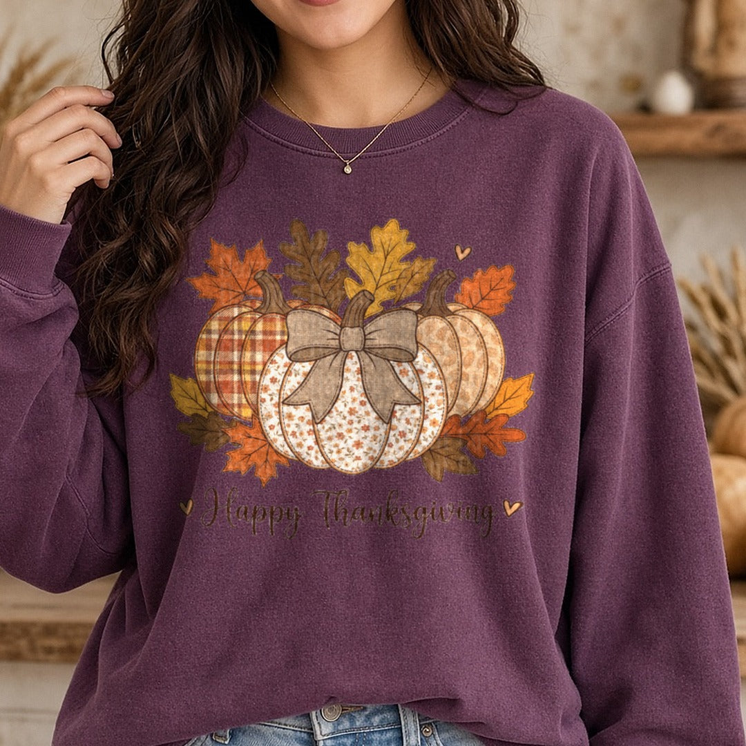 Fall Pumpkins Happy thanksgiving DTF transfer shown on a Comfort Colors sweatshirt
