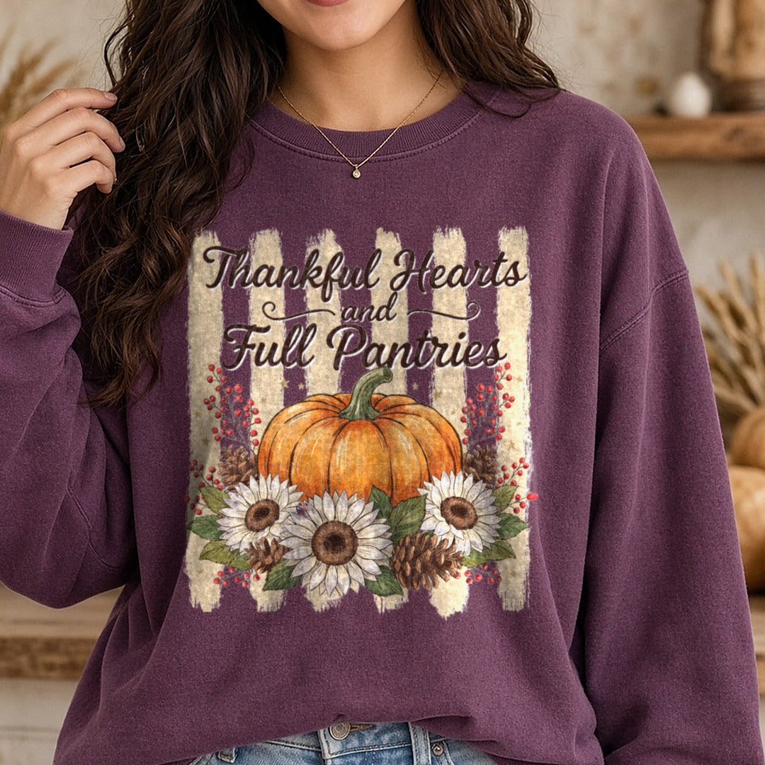 Thankful Hearts and Full Pantries DTF transfer shown on a Comfort Colors sweatshirt