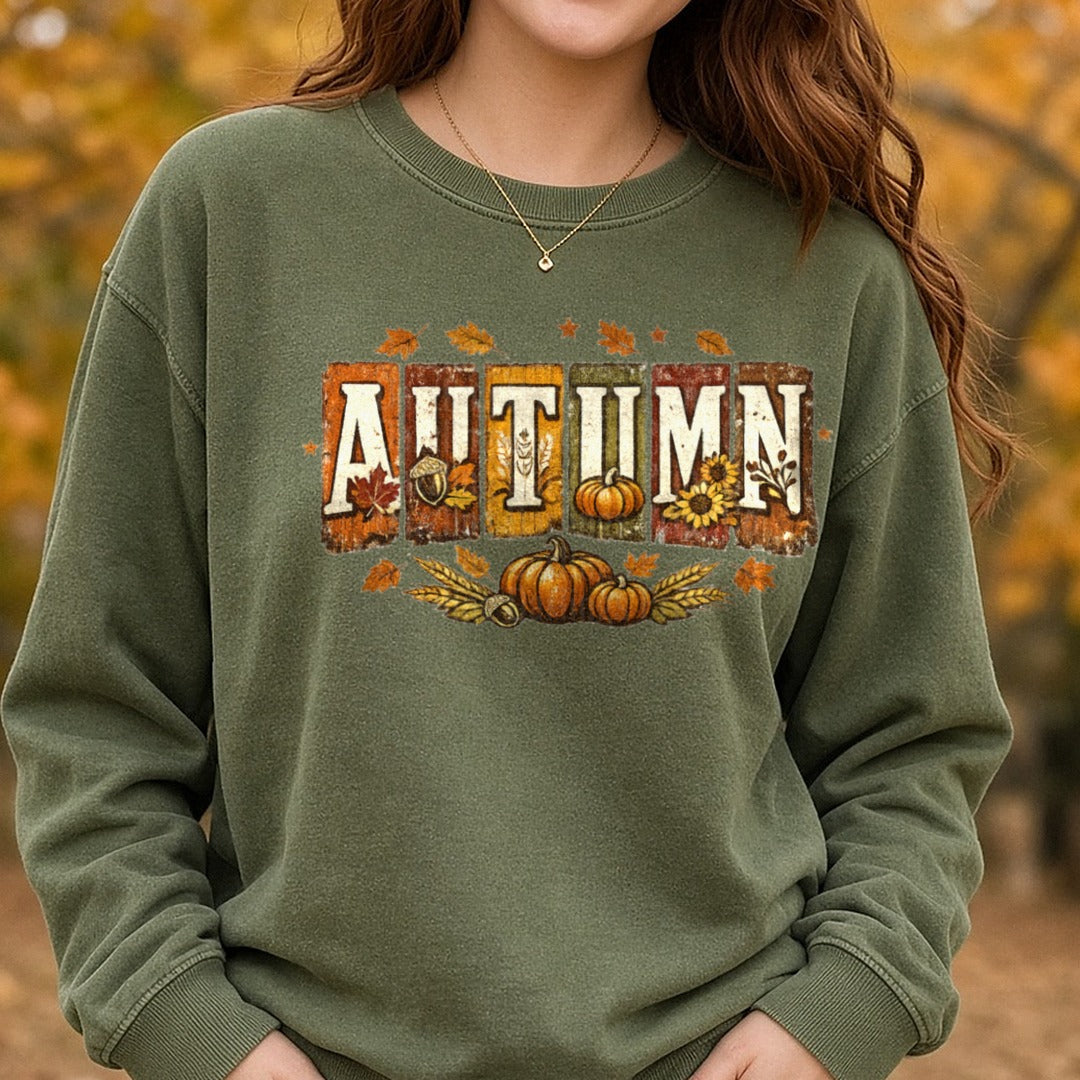Autumn Fall Season DTF transfer shown on a Comfort Colors sweatshirt