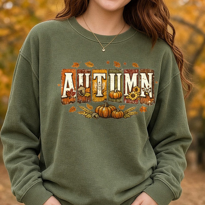 Autumn Fall Season DTF transfer shown on a Comfort Colors sweatshirt