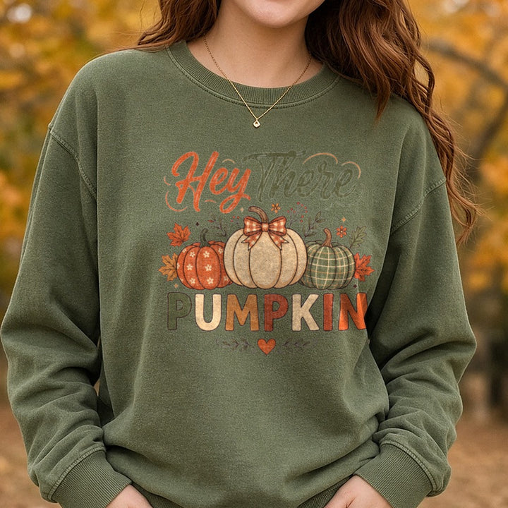 Hey There Pumpkin DTF transfer shown on a Comfort Colors sweatshirt