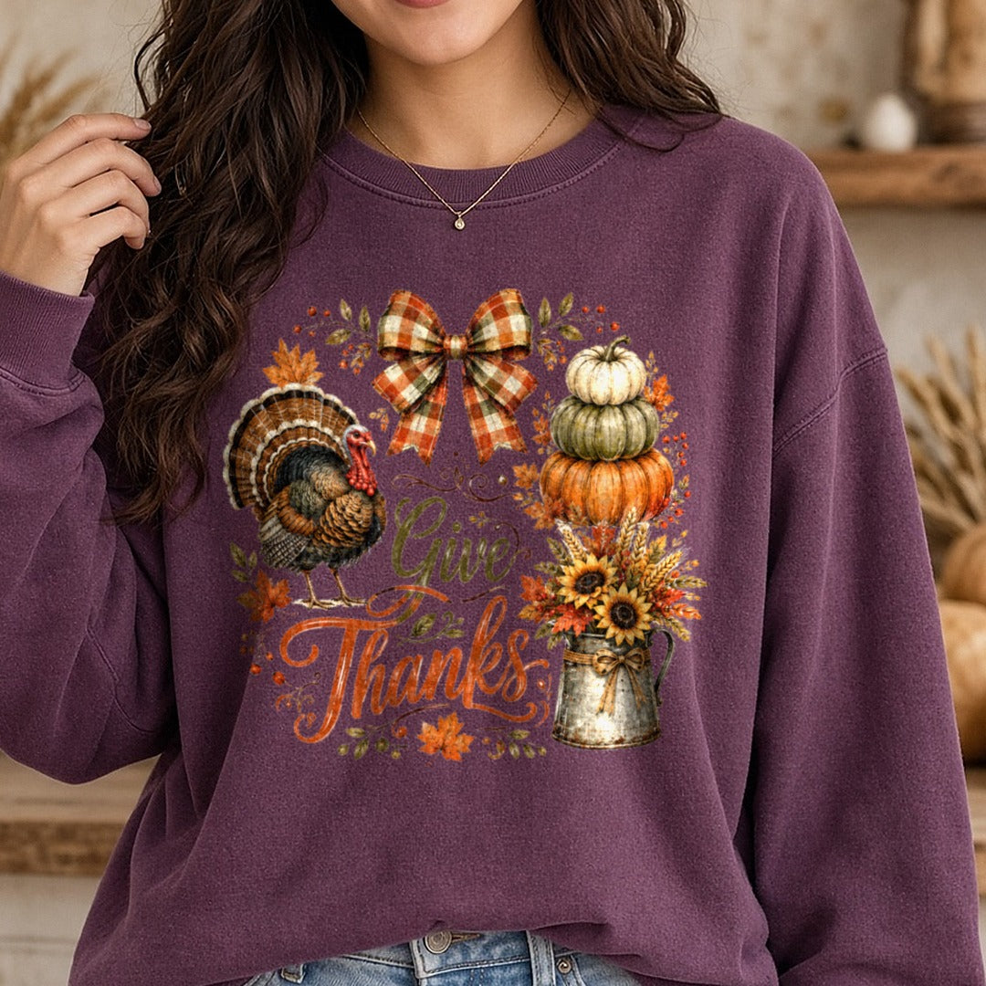 Give Thanks Fall Season DTF transfer shown on a Comfort Colors sweatshirt