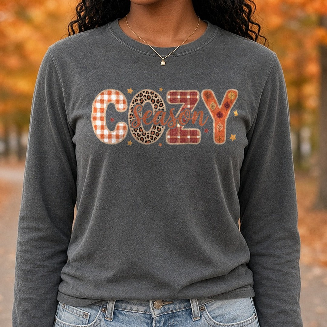 Cozy Season Plaid Leopard Letters Script DTF transfer shown on a Comfort Colors long sleeve tee