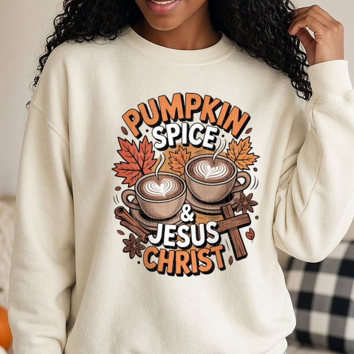 Pumpkin Spice & Jesus Christ DTF transfer shown on a Comfort Colors sweatshirt