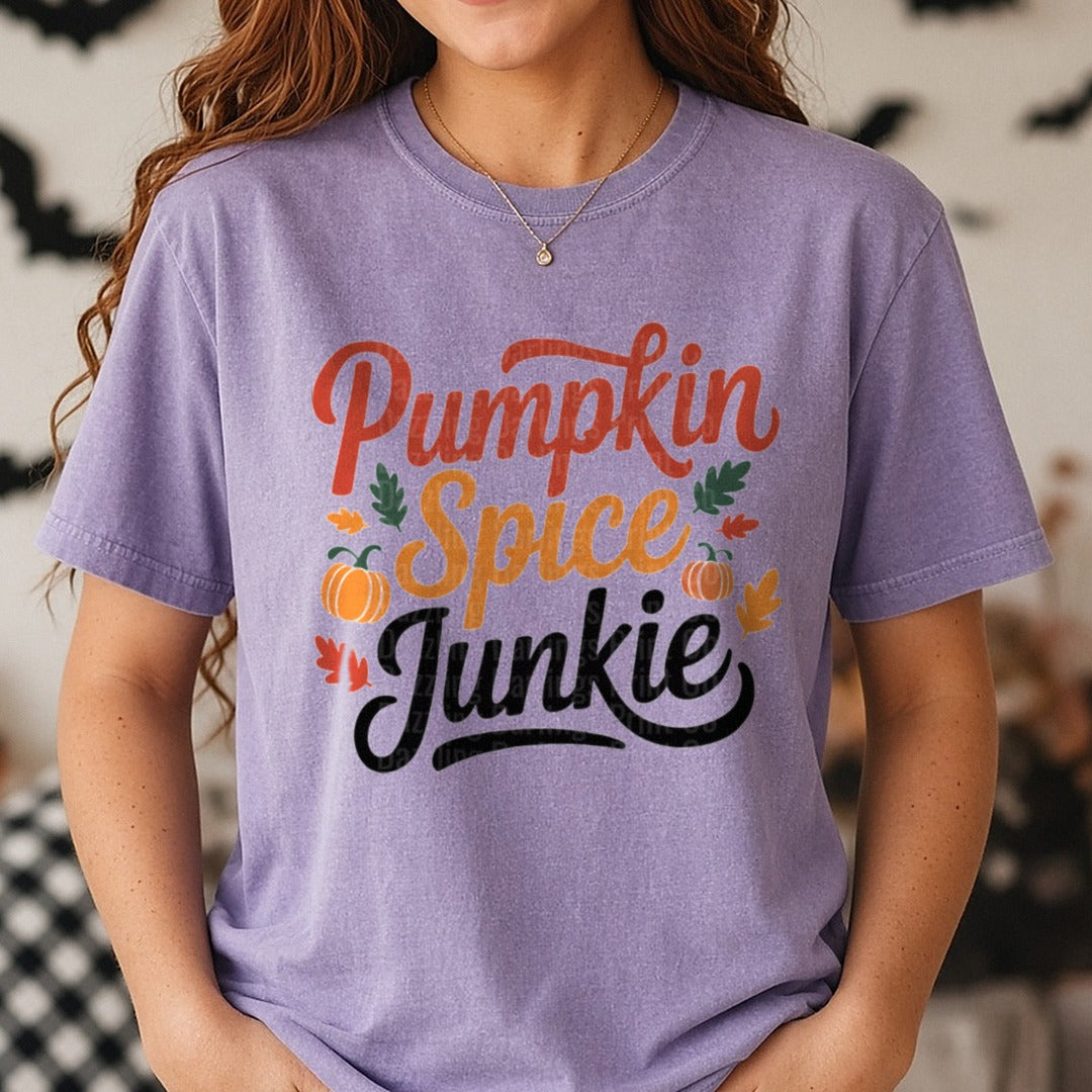 Pumpkin Spice Junkie DTF transfer shown on a Comfort Colors tee
