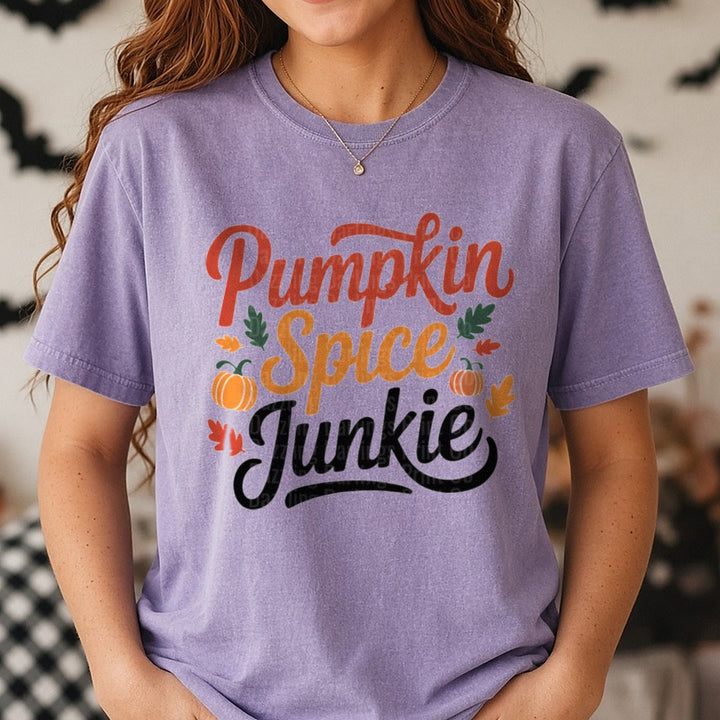 Pumpkin Spice Junkie DTF transfer shown on a Comfort Colors tee