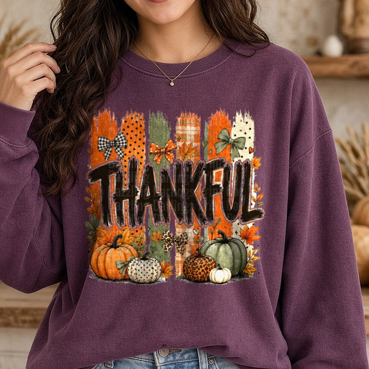 Thankful Striped Fall DTF transfer shown on a Comfort Colors sweatshirt
