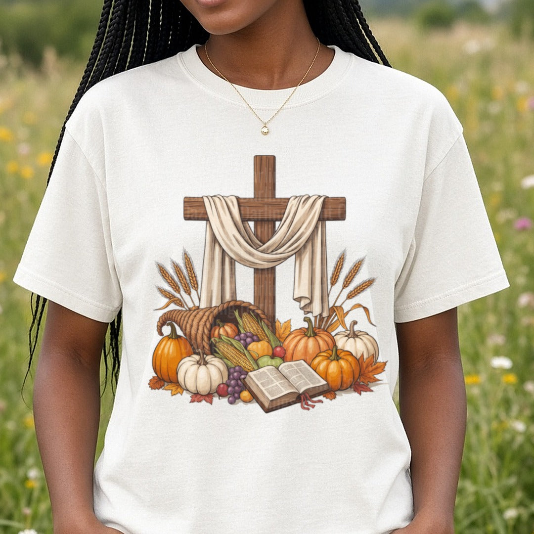 Cross with Pumpkins DTF transfer shown on a Comfort Colors tee