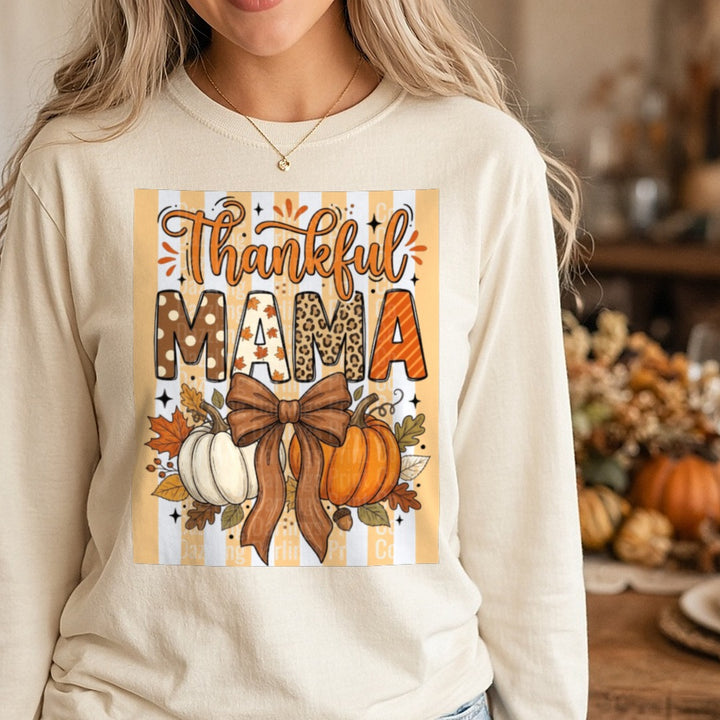 Striped Thankful Mama DTF transfer shown on a Comfort Colors long sleeve tee