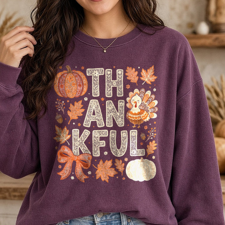 Lace Thankful DTF transfer shown on a Comfort Colors sweatshirt