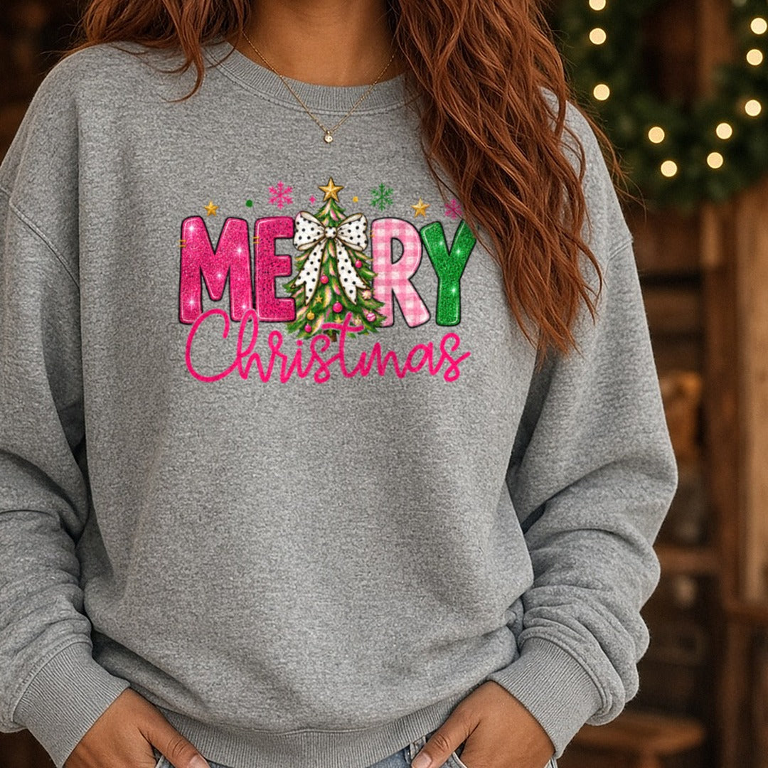 Pink Merry Christmas DTF transfer shown on a Comfort Colors sweatshirt