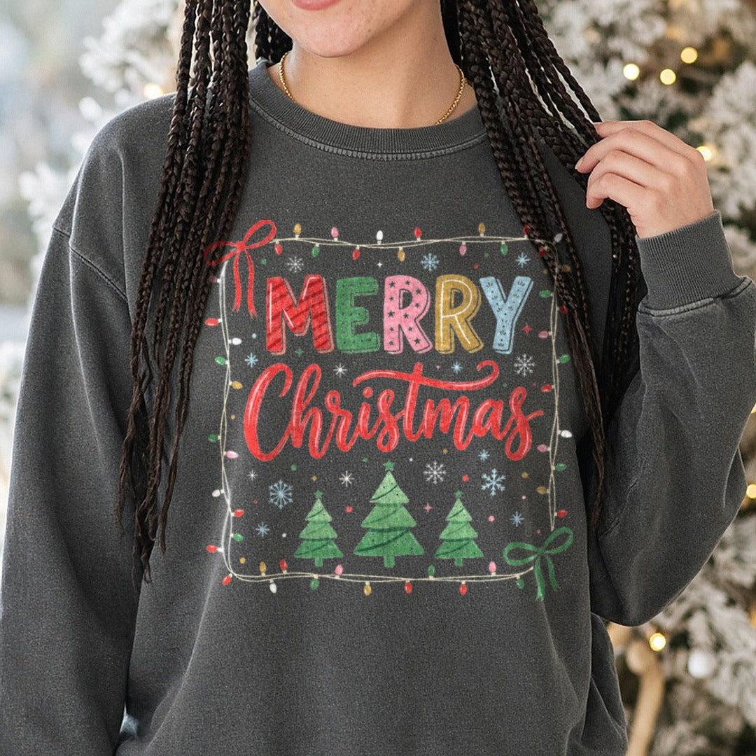 Merry Christmas Polkadot DTF transfer shown on a Comfort Colors sweatshirt