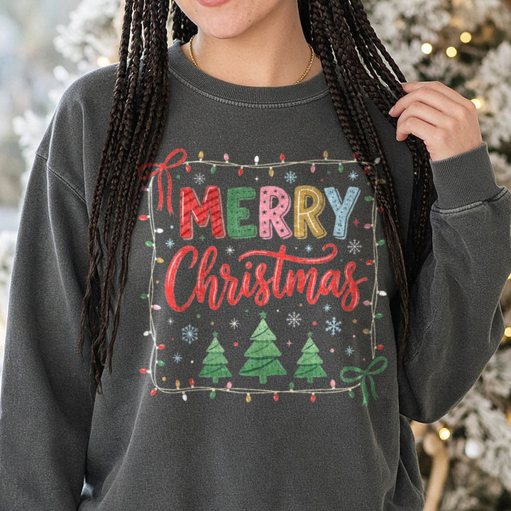 Merry Christmas Polkadot DTF transfer shown on a Comfort Colors sweatshirt