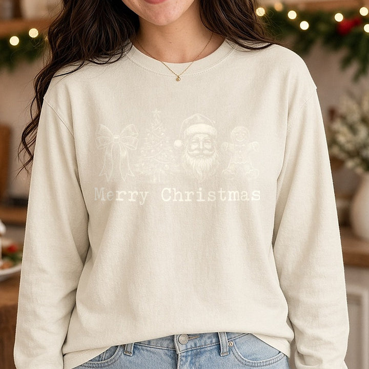 Merry Christmas White DTF transfer shown on a Comfort Colors long sleeve tee