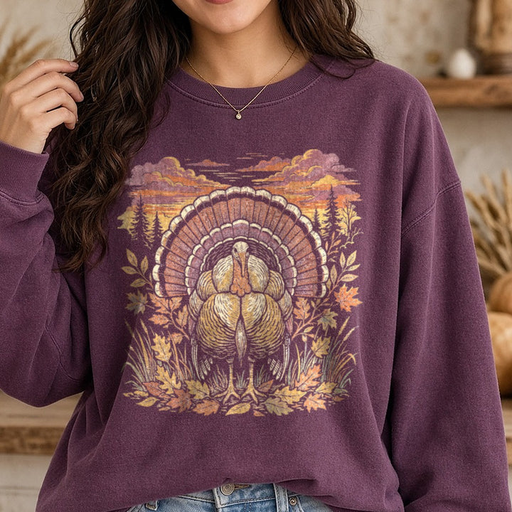 Turkey in Field DTF transfer shown on a Comfort Colors sweatshirt