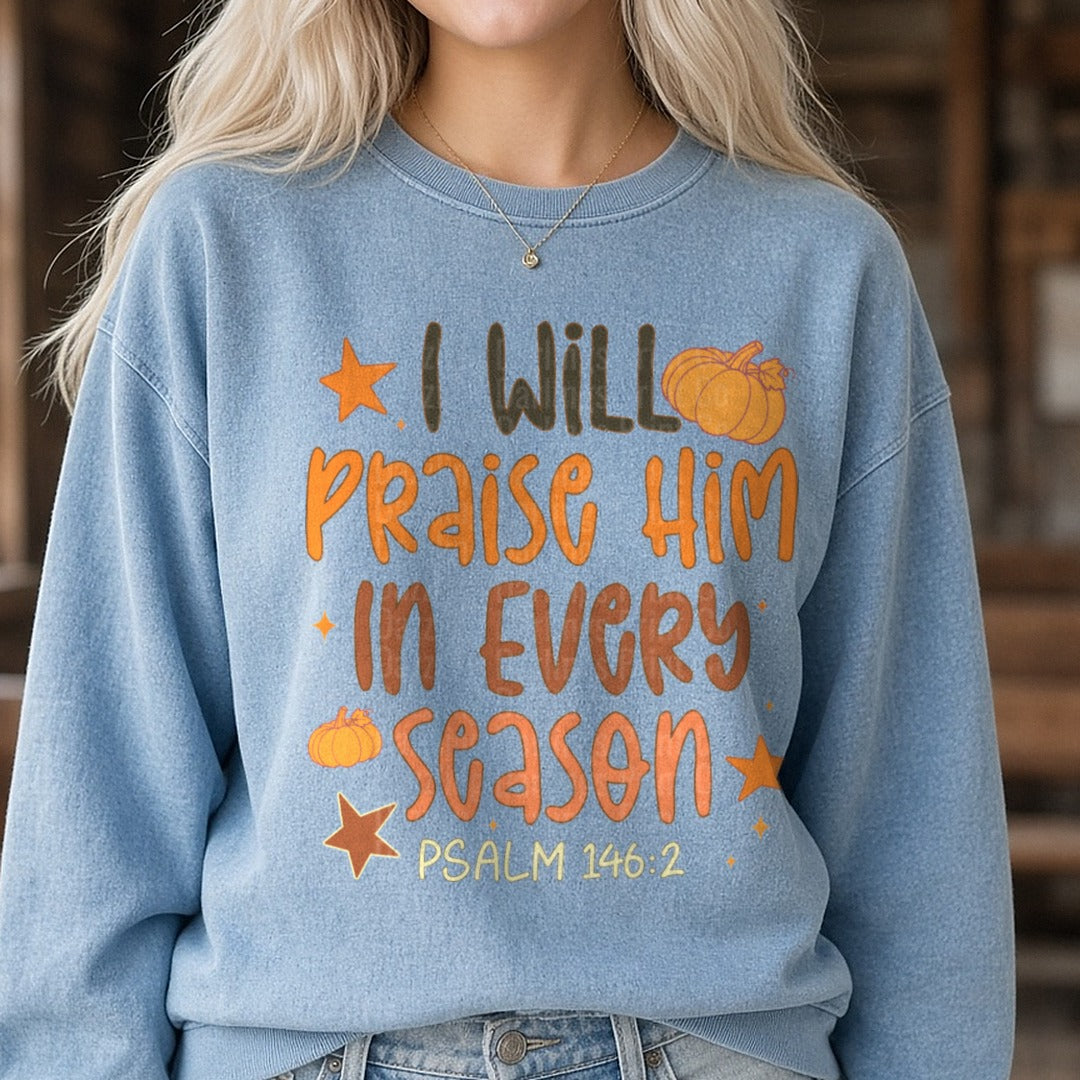 I Will Praise Him In Every Season DTF transfer shown on a Comfort Colors sweatshirt