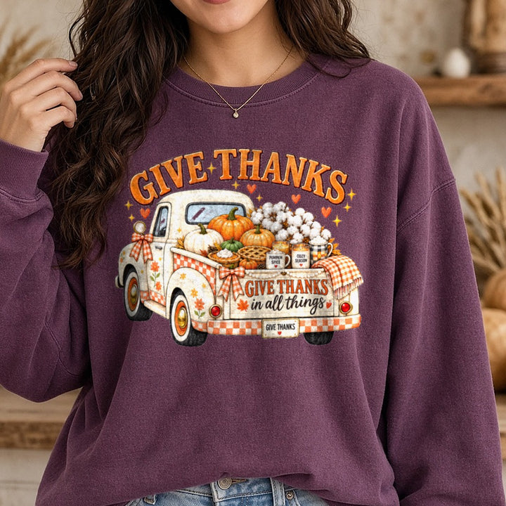 Give Thanks Truck DTF transfer shown on a Comfort Colors sweatshirt
