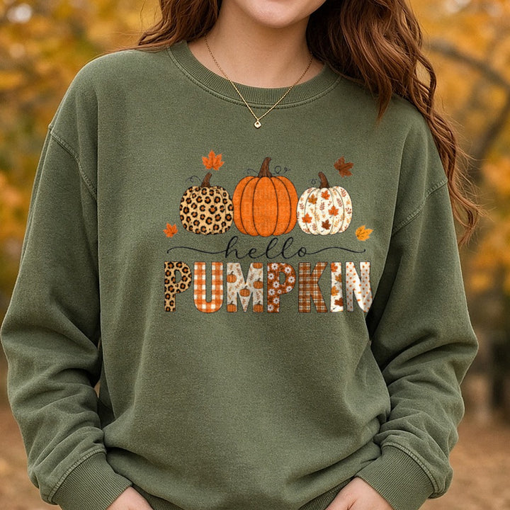 Hello Pumpkin Pattern DTF transfer shown on a Comfort Colors sweatshirt