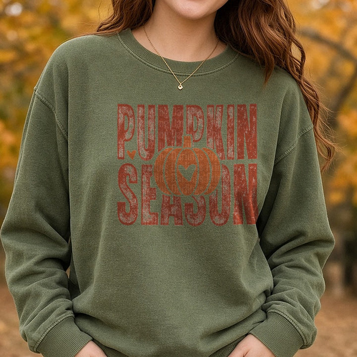 Pumpkin Season DTF transfer shown on a Comfort Colors sweatshirt