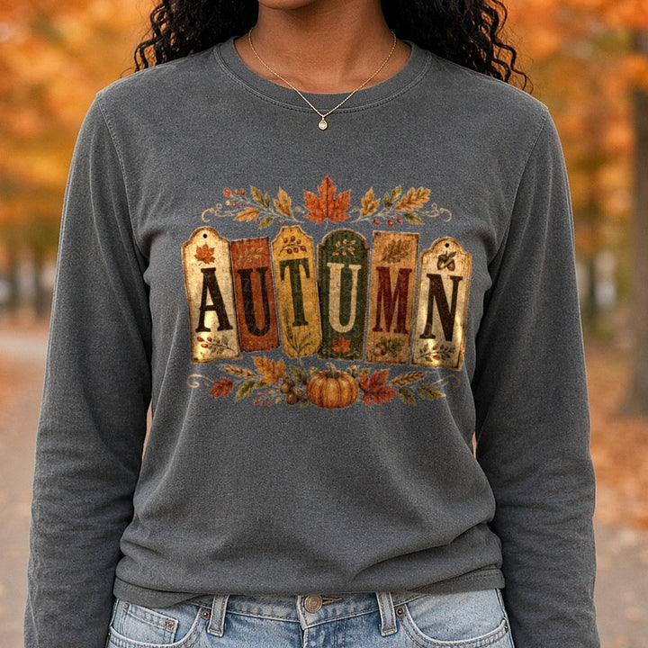 Autumn Fall DTF transfer shown on a Comfort Colors long sleeve tee