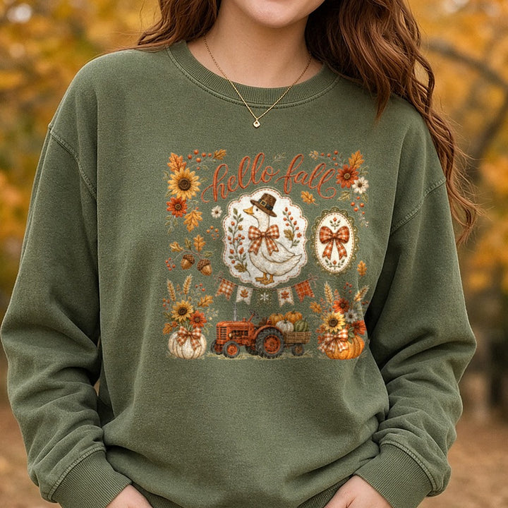 Hello Fall Goose Patch DTF transfer shown on a Comfort Colors sweatshirt