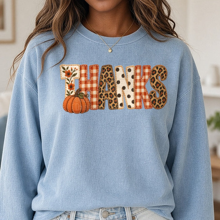 Thanks Pattern DTF transfer shown on a Comfort Colors sweatshirt