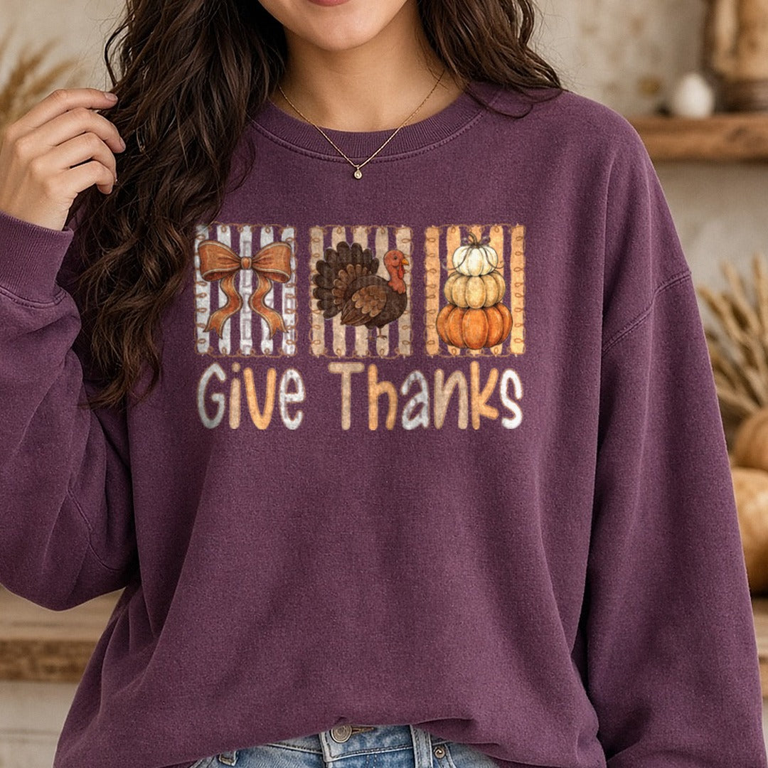 Give Thanks Coquette DTF transfer shown on a Comfort Colors sweatshirt