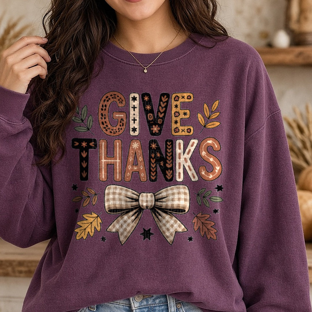 Give Thanks Thanksgiving DTF transfer shown on a Comfort Colors sweatshirt