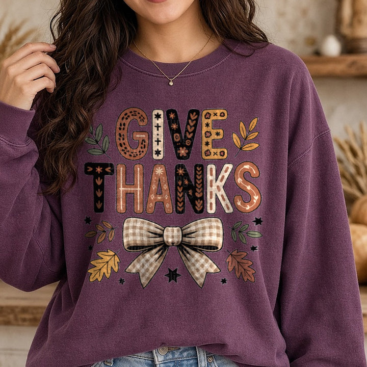 Give Thanks Thanksgiving DTF transfer shown on a Comfort Colors sweatshirt