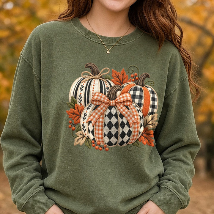 Checkered Pumpkin Trio DTF transfer shown on a Comfort Colors sweatshirt