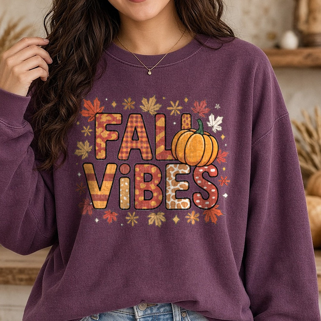 Fall Vibes Thanksgiving DTF transfer shown on a Comfort Colors sweatshirt