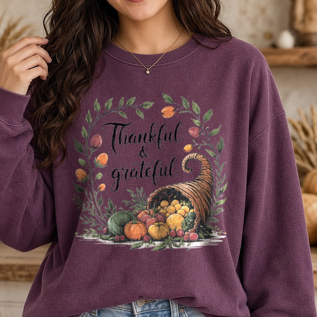 Thankful & Grateful DTF transfer shown on a Comfort Colors sweatshirt