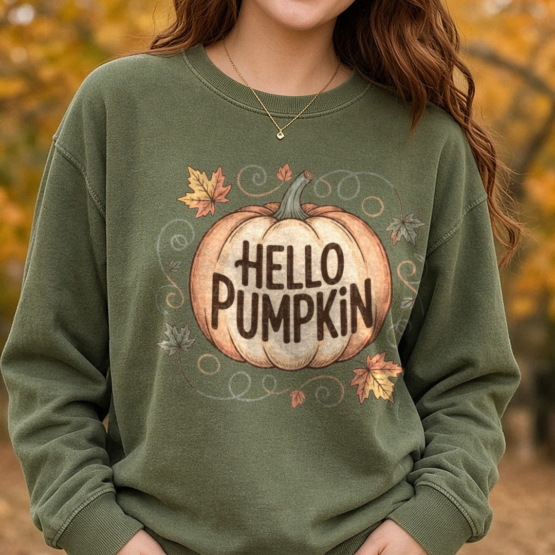 Hello Pumpkin DTF transfer shown on a Comfort Colors sweatshirt