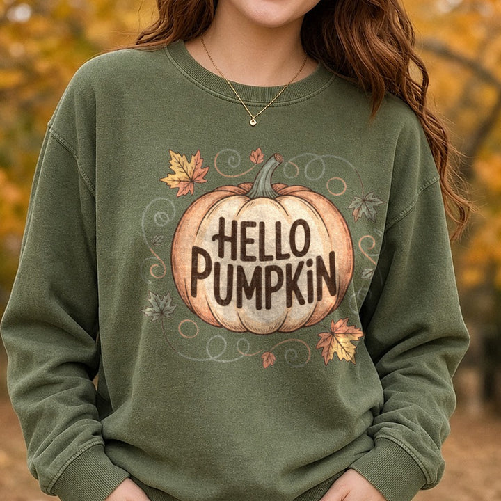 Hello Pumpkin DTF transfer shown on a Comfort Colors sweatshirt