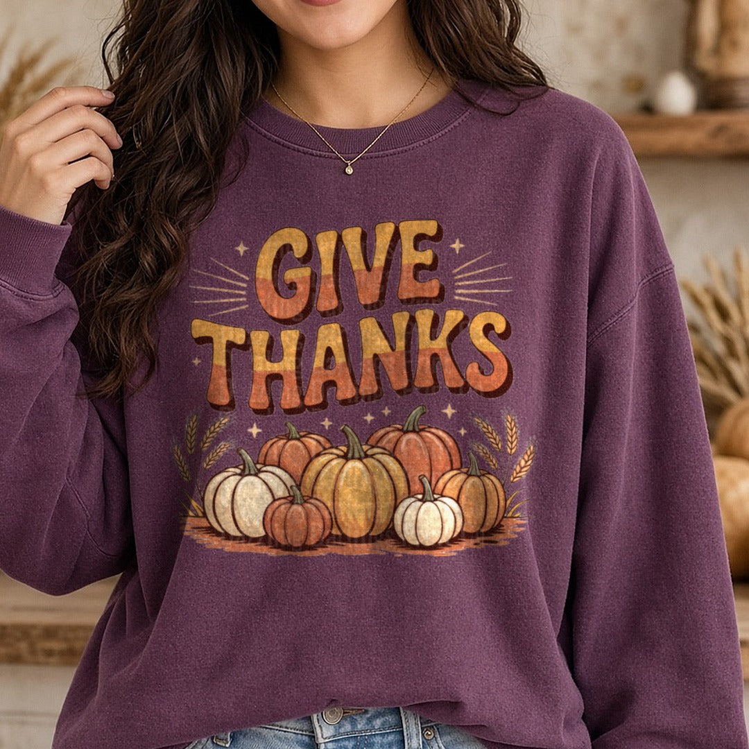 Give Thanks Pumpkin Patch DTF transfer shown on a Comfort Colors sweatshirt