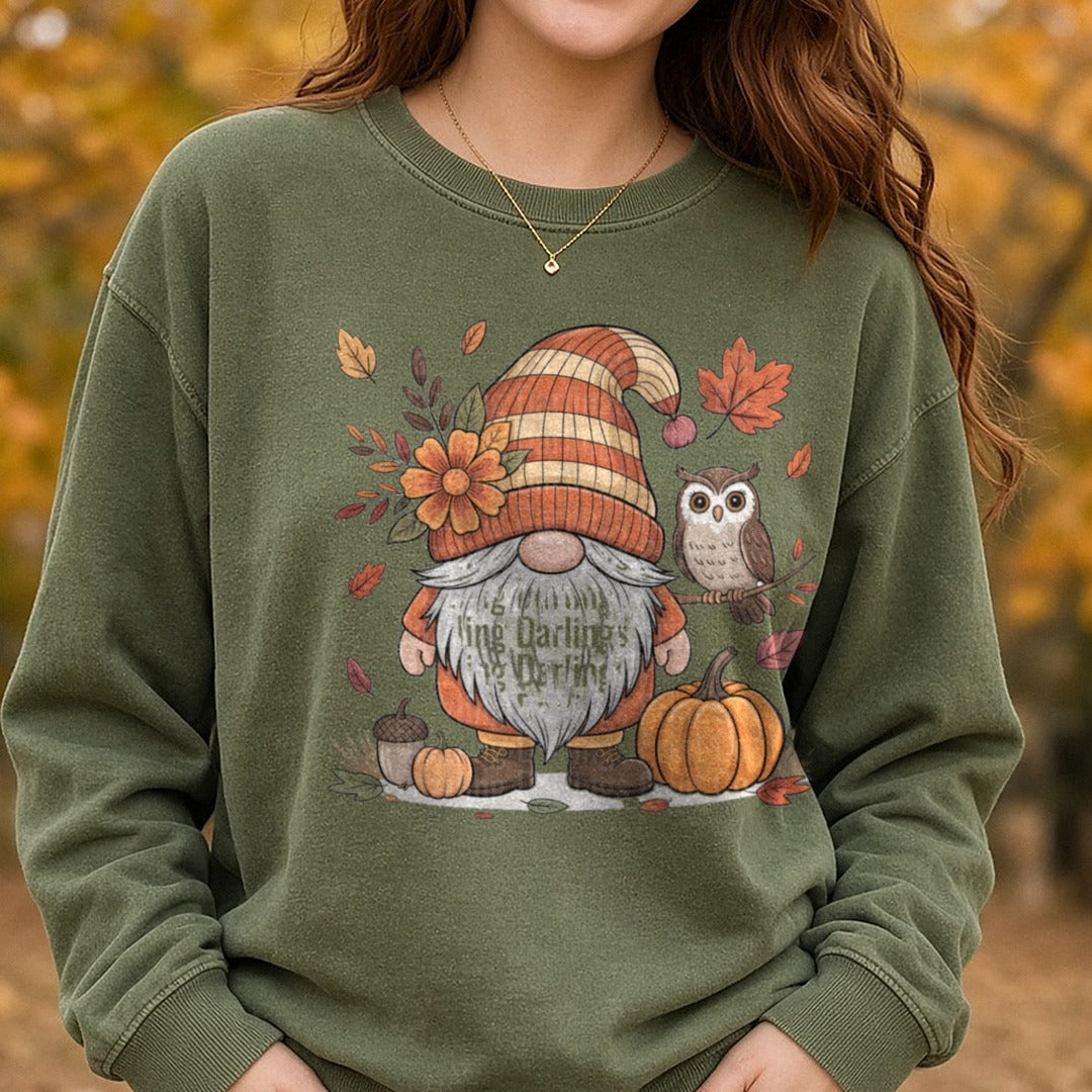 Fall Gnome DTF transfer shown on a Comfort Colors sweatshirt