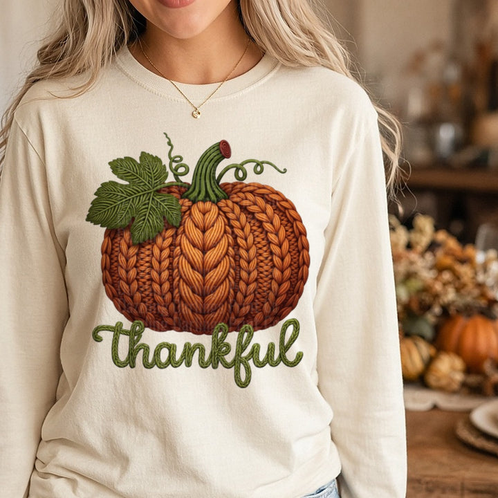 Faux Yarn Thankful Pumpkin DTF transfer shown on a Comfort Colors long sleeve tee