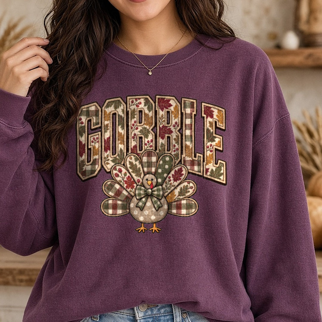 Gobble Pattern DTF transfer shown on a Comfort Colors sweatshirt
