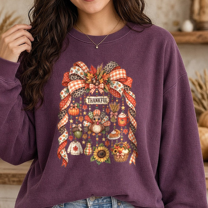 Thankful Ribbon and Beads DTF transfer shown on a Comfort Colors sweatshirt