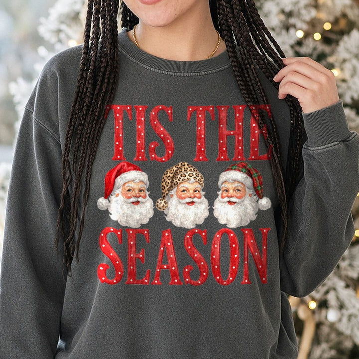 Tis the Season Christmas Santa DTF transfer shown on a Comfort Colors sweatshirt